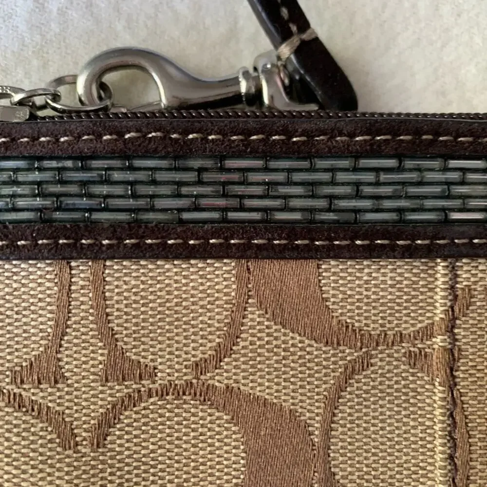 Y2K Coach Signature Fabric Wristlet Brown Beaded Detail